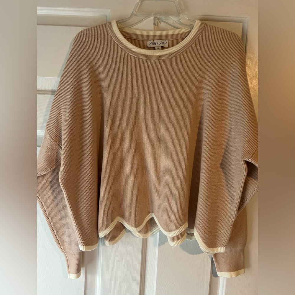 Tan Ribbed Sweater with Cream Scalloped Trim